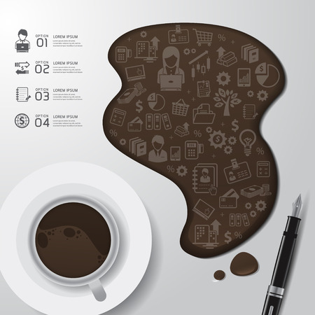 Infographics of Business and Finance icons set. coffee shaped think head on paper. Vector illustration.のイラスト素材