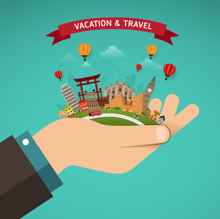 Vector of world travel and Holidays concept. Hand hold with famous monument around the world.のイラスト素材
