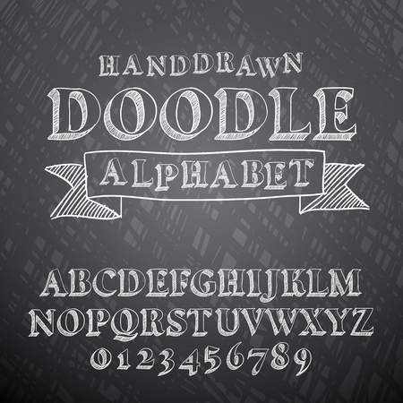 Vector illustration of chalk sketched doodle font characters on a blackboard backgroundのイラスト素材