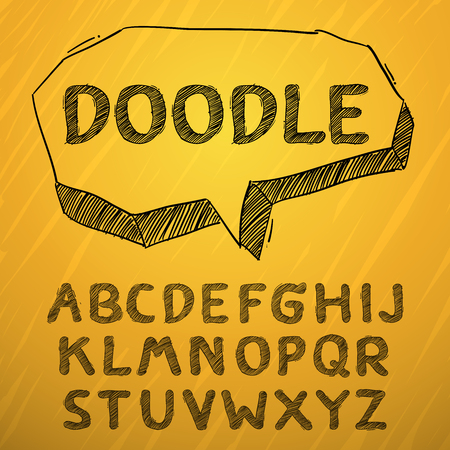 Vector illustration of chalk sketched doodle font characters on a blackboard backgroundのイラスト素材