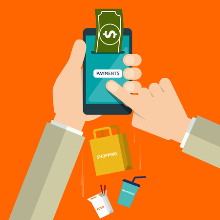 Flat design style illustration of modern smartphone with processing of mobile payments materialsのイラスト素材
