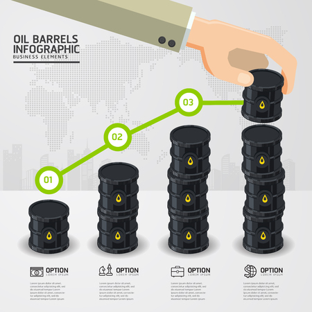 infographic oil barrels and a financial chart on white background. price oil up. business concept.のイラスト素材