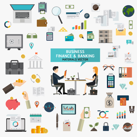Flat design concept with icons set of modern development business finance and banking working elements materialsのイラスト素材