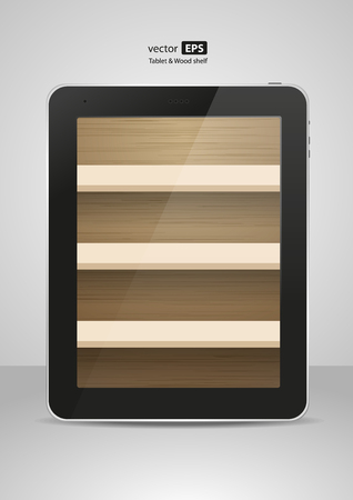 tablet computer and wood shelf backgroundのイラスト素材