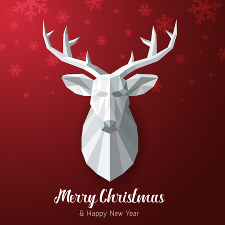Vector Merry Christmas and Happy New Year red background with Triangular Paper deer headのイラスト素材