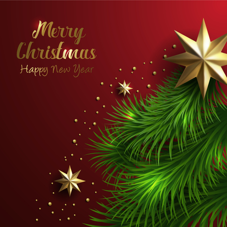 Vector Merry Christmas and Happy New Year greeting card Label Decorated Gold Foil Stars with Free Space for Your Holiday Wishes.のイラスト素材