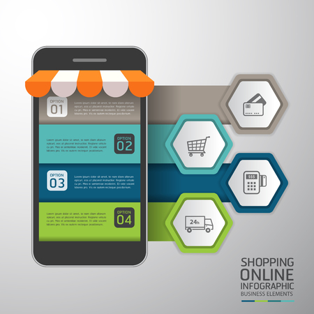 Infographics Shopping online business conceptual with mobile flat style. Vector illustration. Can be used for workflow layout template, banner, diagram, number options, web design, infographicsのイラスト素材