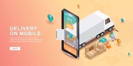 Online delivery service concept, online order tracking, Delivery home and office. E-commerce. Track service. Truck shipping. Global online navigation.のイラスト素材