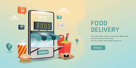 order food on a smartphone. grocery online from app by mobile. E-commerce concept. Online food order infographic.のイラスト素材