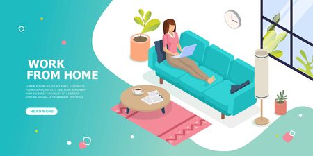 Working from home. Stay at home concept. Woman working on laptop at home. social distancing.のイラスト素材