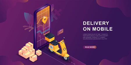 Mobile delivery service online app, vector isometric concept. Online delivery service concept. Smartphone screen with map and gps sign. Shopping online service on scooter or motorbike.のイラスト素材