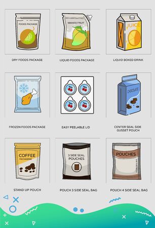 flexible and pouch packaging set of flat iconsのイラスト素材