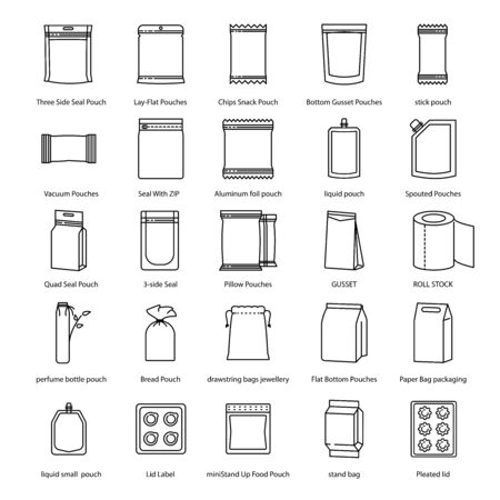 Pouches Packaging package types icon set in thin line styleのイラスト素材