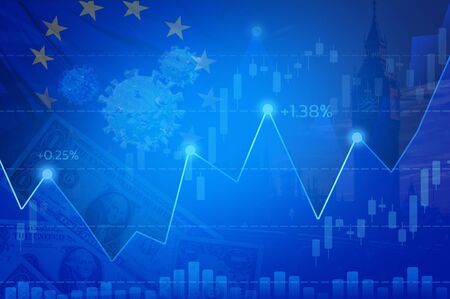 Stock market quotes on display.Brexit blue european union EU. Business analysis diagram. Blue background with stock chart. Market trading screen. Live stock trading online. Share price quotes. Tools of technical analysis.の写真素材