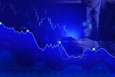 Abstract financial graph with uptrend line and bar chart of stock market on blue color backgroundの写真素材