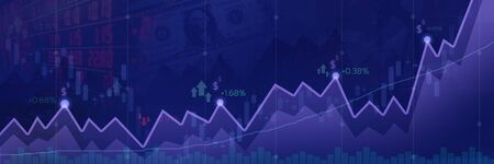 Widescreen Abstract financial graph with uptrend line and candle stick chart of stock market on purple line chart color background.の写真素材