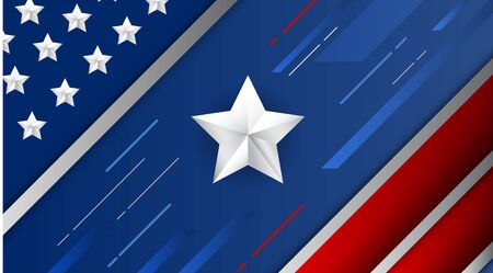 Fourth of July ,USA Independence Day. Colors of American Flag. Red, Blue and White Stars on Blue Gradient Background. Abstract Background with Many Random Falling Stars Confetti on Blue Background.のイラスト素材