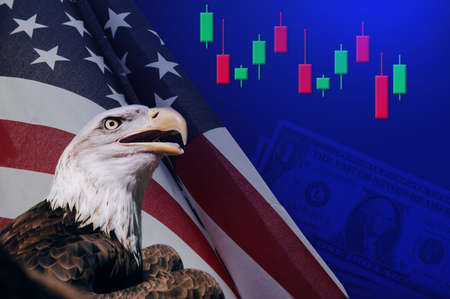 North American Bald Eagle on American flag,united states of america patriotic symbols.blue space 3d candlesticks chart on top.の写真素材