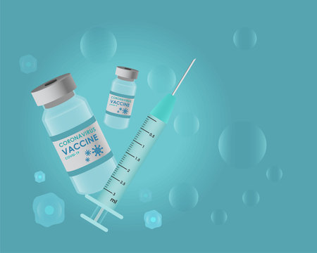 Vector 3d Realistic Bottle and Syringe On Green blue background. Coronavirus Vaccineのイラスト素材