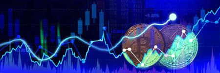cryptocurrency financial graph abstract blue line chart background,Abstract cryptocurrency with gold bitcoin background.の写真素材