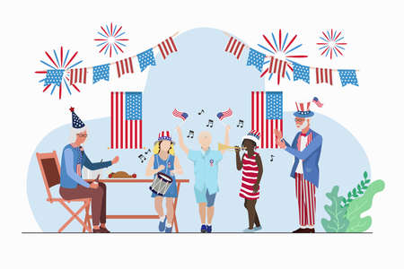 grandparents and grandson playing with Song,Flat cartoon vector illustration.のイラスト素材