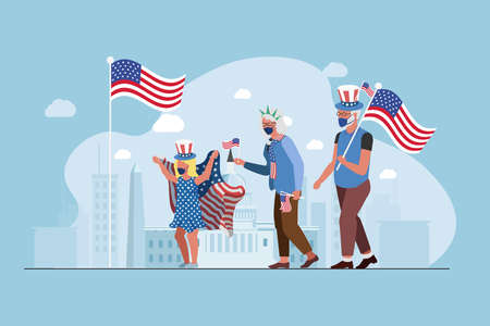 Elderly and Childen 4 july independence day parade ,Cute little girl holds American Flag ,grandmother and grandfather ndependence day paradeのイラスト素材