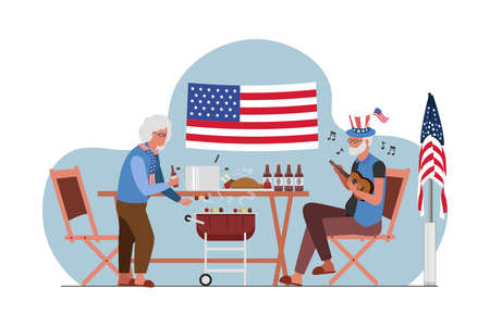 elderly party  4 july independence day,Multi-generation Family Celebrating 4th of Julyのイラスト素材