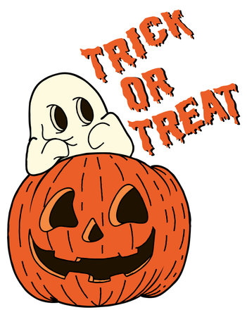 Halloween trick or treat pumpkin and ghost vector ,pumpkin and ghost vintage cartoon illustratorのイラスト素材
