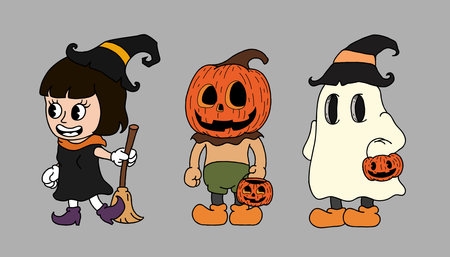 hand drawn children three halloween cartoon vector,cartoon vitage illustrator happy halloween,cute cartoon kawaii funny baby characterのイラスト素材