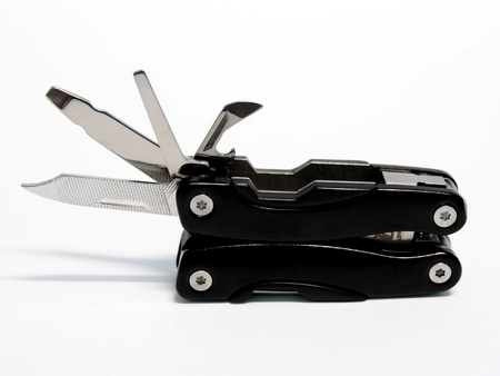 Black Swiss knife isolate on white background の写真素材