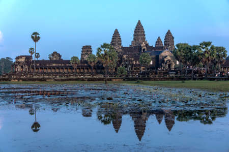 The reflection of Angkor Wat from the lotus pond in the eveningの写真素材