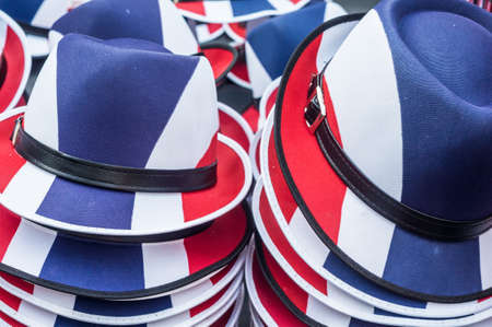 Hats in tri-colors Thai flag for political protesters in Thailand. の素材