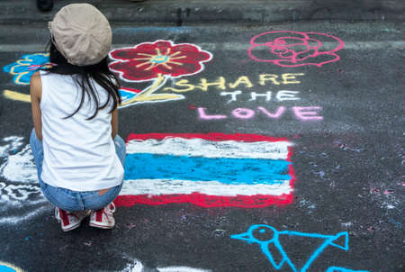 BANGKOK- FEBRUARY 2   Street arts for kids and people to express feelings about protesting was arranged to raise fund to support anti-government protest in Thailand  のeditorial素材