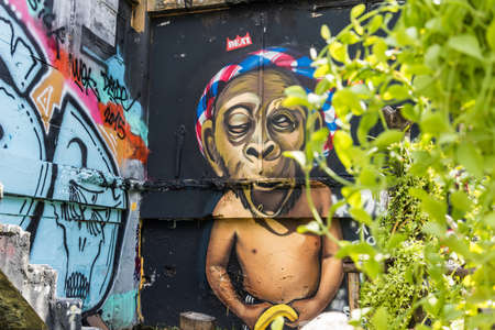 BANGKOK,THAILAND-NOVEMBER 21,2015 : Graffiti on one of the walls in Chalermla Park located in Ratchathewi District,Bangkok.のeditorial素材