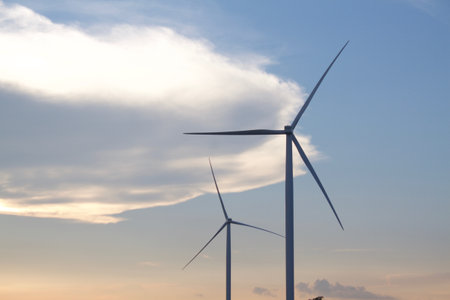 Wind turbines for electric power production, Zaragoza province, Aragon, Spain.