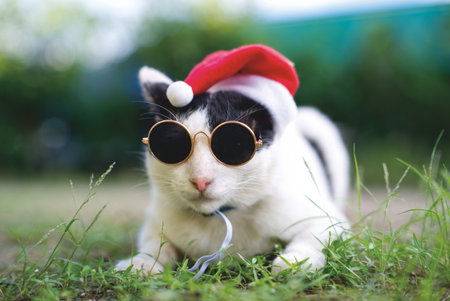 Cute cat wearing a santa claus hat and sunglasses on green grassの写真素材