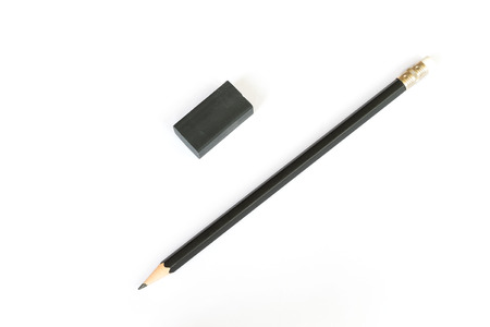 wooden Pencil with Black Eraser isolated on white backgroundの写真素材