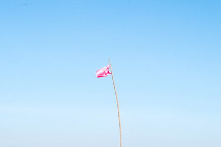 pink flag on the blue skyの写真素材
