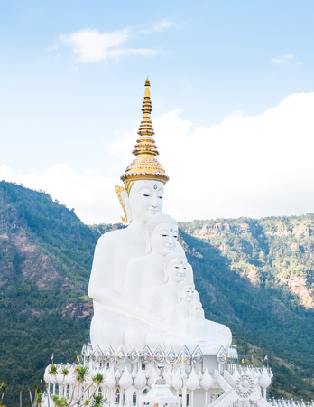 the big white five buddha statue at wat phra thart pha son kaew in Khao Kho,Phetchabun,Thailandの写真素材