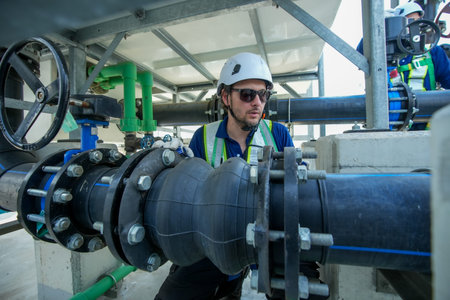 An engineer maintenance hvac cooling tower pipe valve inspection underway as focused technician adjusts large piping on rooftop plant, ensuring reliable water flow and safe operation