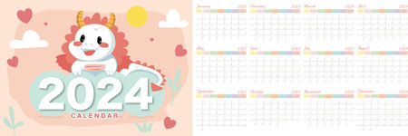 CALENDAR 2024 VECTOR CUTE DRAGONのイラスト素材