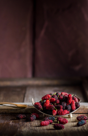 Mulberry on Wooden table.の写真素材