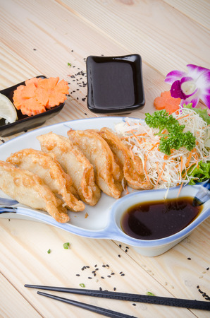 Fried gyoza dumplings and soy sauce close-up.の写真素材