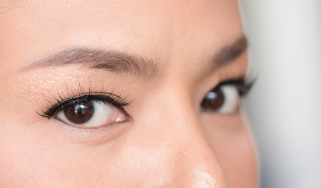 Woman brown eye with extremely long eyelashesの写真素材