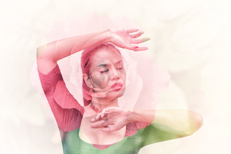 Double Exposure beautiful woman with rose flowerの写真素材
