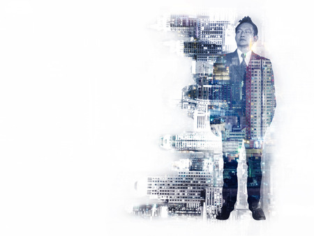 Side view of stylish businessman in glasses and Bangkok city on white background. Double exposure. Copyspaceの写真素材