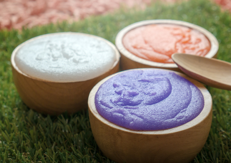 Body cream scrub in wooden jar for spa,spa conceptの写真素材