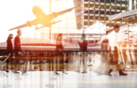 Double exposure silhouettes of passenger walking at airport, business travel concept, abstract background with people,Business airline conceptの写真素材