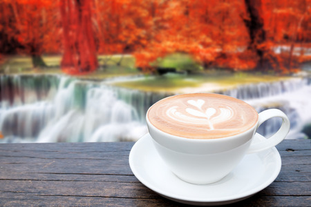 A Cup of hot latte art coffee on blurred waterfall backgroundの写真素材