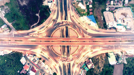 Top view aerial view Expressway motorway highway circus intersection. Shot from drone.